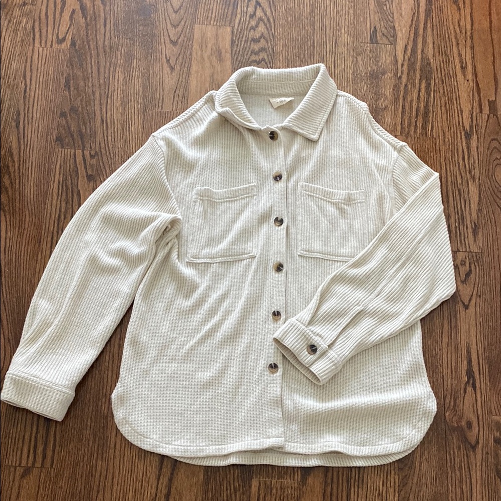 Cream Ribbed Button-Up Sweater Shirt